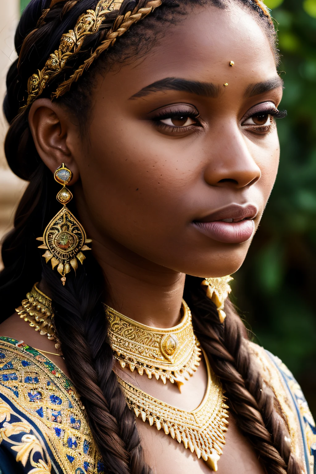 close up portrait of a 25 year-old gorgeous confident blasian dark-skinned medieval fantasy queen, almond-shaped eyes, plump lips, gorgeous hazel-colored eyes, long hair, dutch braids, elaborate hairdo, serious look, steadfast expression, slim, rich regal traditional fantasy north african regal clothes, filigree jewels, in a fantasy north african palace, (backlighting), realistic, masterpiece, highest quality, lens flare, shade, bloom, [[chromatic aberration]] digital painting