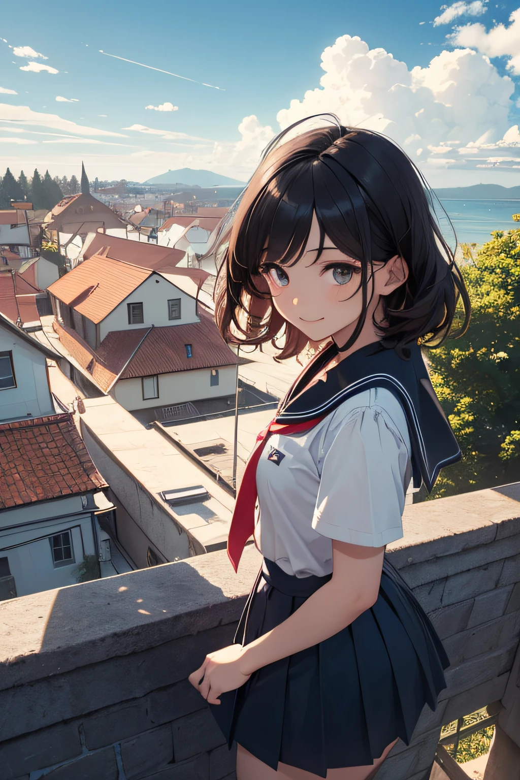 A very cute and beautiful high school girl looking at the sea on the hill,(very detailed beautiful face and eyes:1.2),Smile,Cowboy Shot,
Seifuku,(Mini skirt),Black hair,Beautiful legs,zettai ryouiki,(Looking at the sea,From the top of the hill),House with a red roof,Detailed landscapes,
(Best Quality,masutepiece:1.2),Intricate details,hight resolution,Solo,
Dynamic Angle,Natural lighting,Hair fluttering in the wind,Beautiful detailed sky,