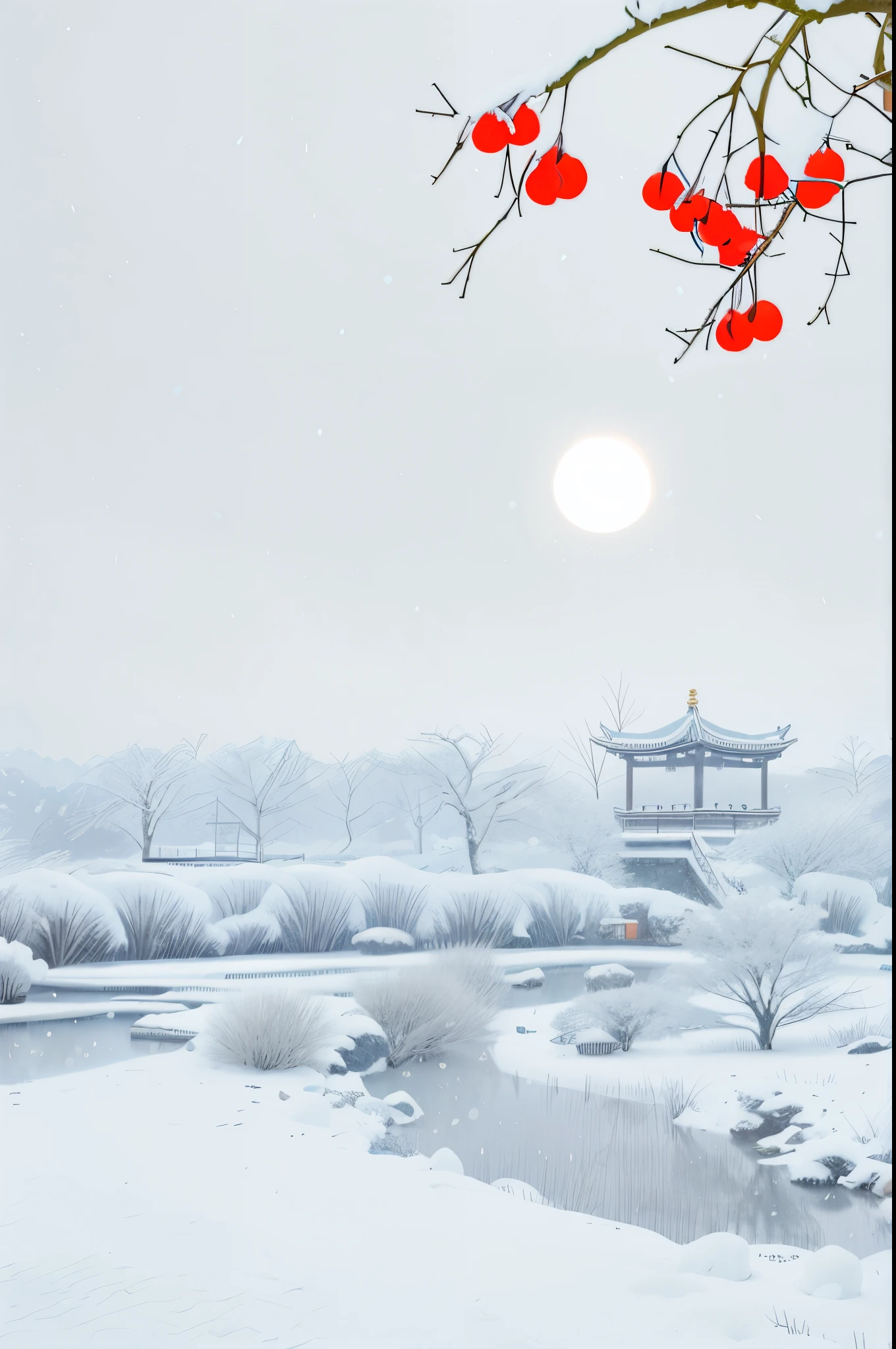 Snow scene in this garden，There are pagodas and ponds, digital painting of a pagoda, Zen temple background, Inspired by Yukimura Ohara, Detailed scenery – width 672, background artwork, inspired by Hiroshige, beautiful snowy landscape, snow landscape, Chinese-style painting, Inspired by José, Inspired by Kawase Lotus Water, This scenery, snow landscape