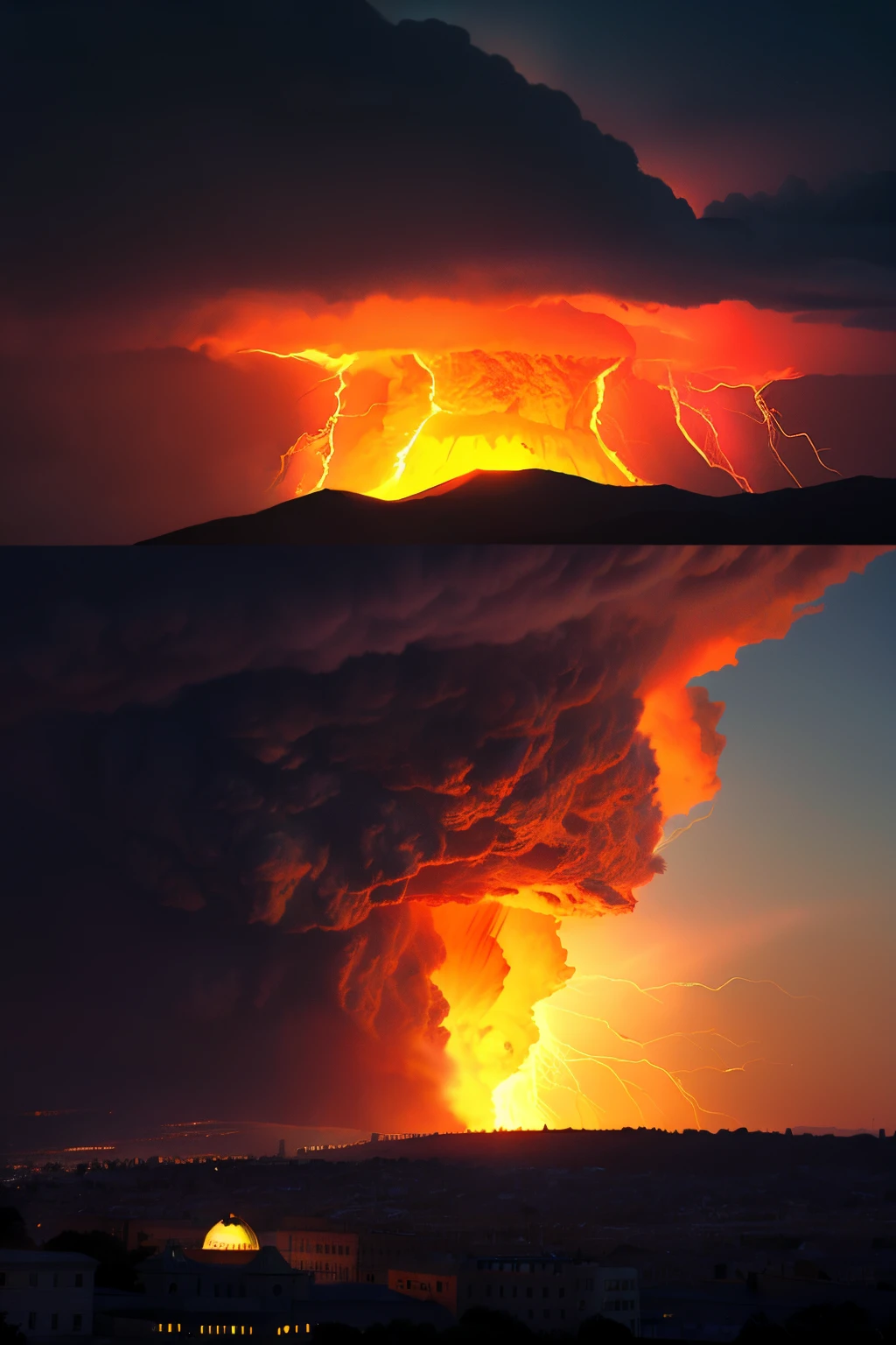 A gigantic, monstrous, swirling pillar of lightning and fire from the sky, destroying the Dome of the Rock, Dome is broken and burning, black clouds of smoke, epic destruction, war, frightening, black night sky, people running away, terrifying, photorealistic, cinematic, 4k, 8k((best quality)), ((masterpiece)), (detailed), perfect face