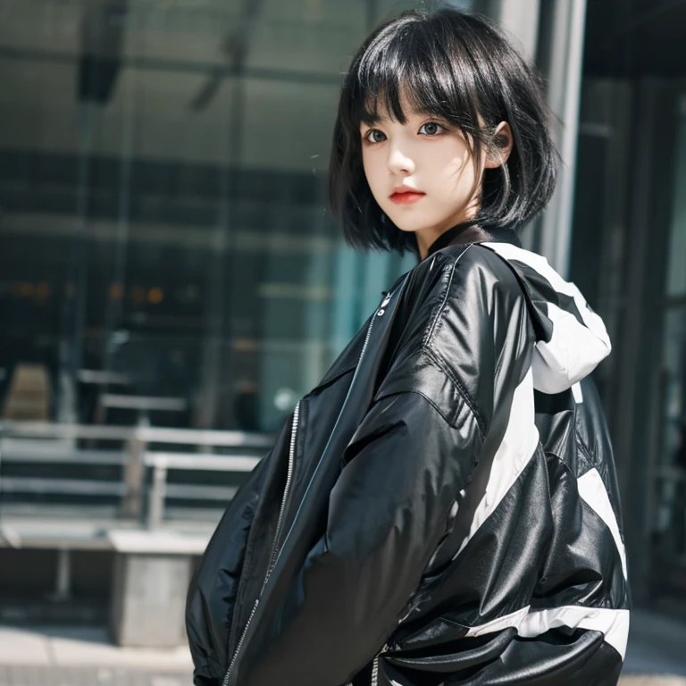 Anime girl with black wolf cut hair oversize jacket