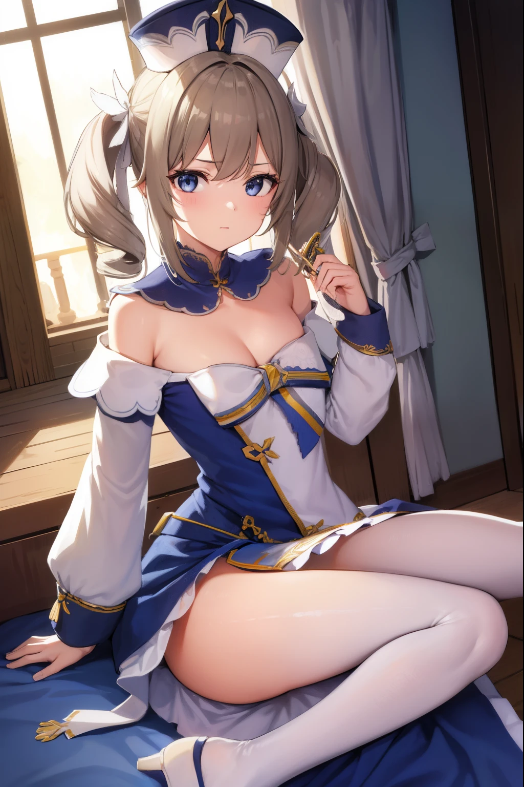 barbara, barbara, eBlue eyes, Light brown hair, Drill your hair, Eyes are visible through the hair, hair between eye, hair adornments, Medium hair, Small curls, side locks, dual horsetail,White silk link,Plantar of the foot,
Break bare shoulders, Black tiara, A blue headdress, fork, Cross-print, separated sleeves, a skirt, grey dress, hair adornments, has cleavage, hat decoration, jewely, longer sleeves, cropped shoulders, off the shoulder dress, Fluffy long sleeves, Fluffy sleeves, White dress, white headgear,
BREAK looking at viewer, full bodyesbian,
BREAK outdoors,
BREAK BREAK BREAK (tmasterpiece:1.2), Best quality at best, A high resolution, An 8k wallpaper, (illustratio:0.8), (美丽细致的眼睛:1.6), Extremely detailed face, perfect litthing, extremely detremely detailed CG, (Perfect hands, perfect anatomia),