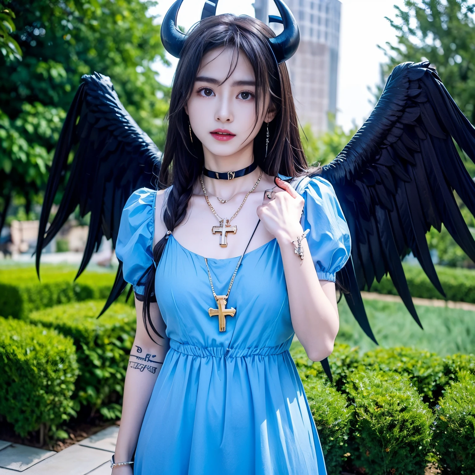 sunglasses, 1 girl with jesus, blue dress, wings, black wings, angel, halo, demon horns, standing on the garden, choker, midget, super villain, stand, look at the viewer, cross necklace, earrings, jewellery, jesus, jesus christ, cross tatto, sunglasses