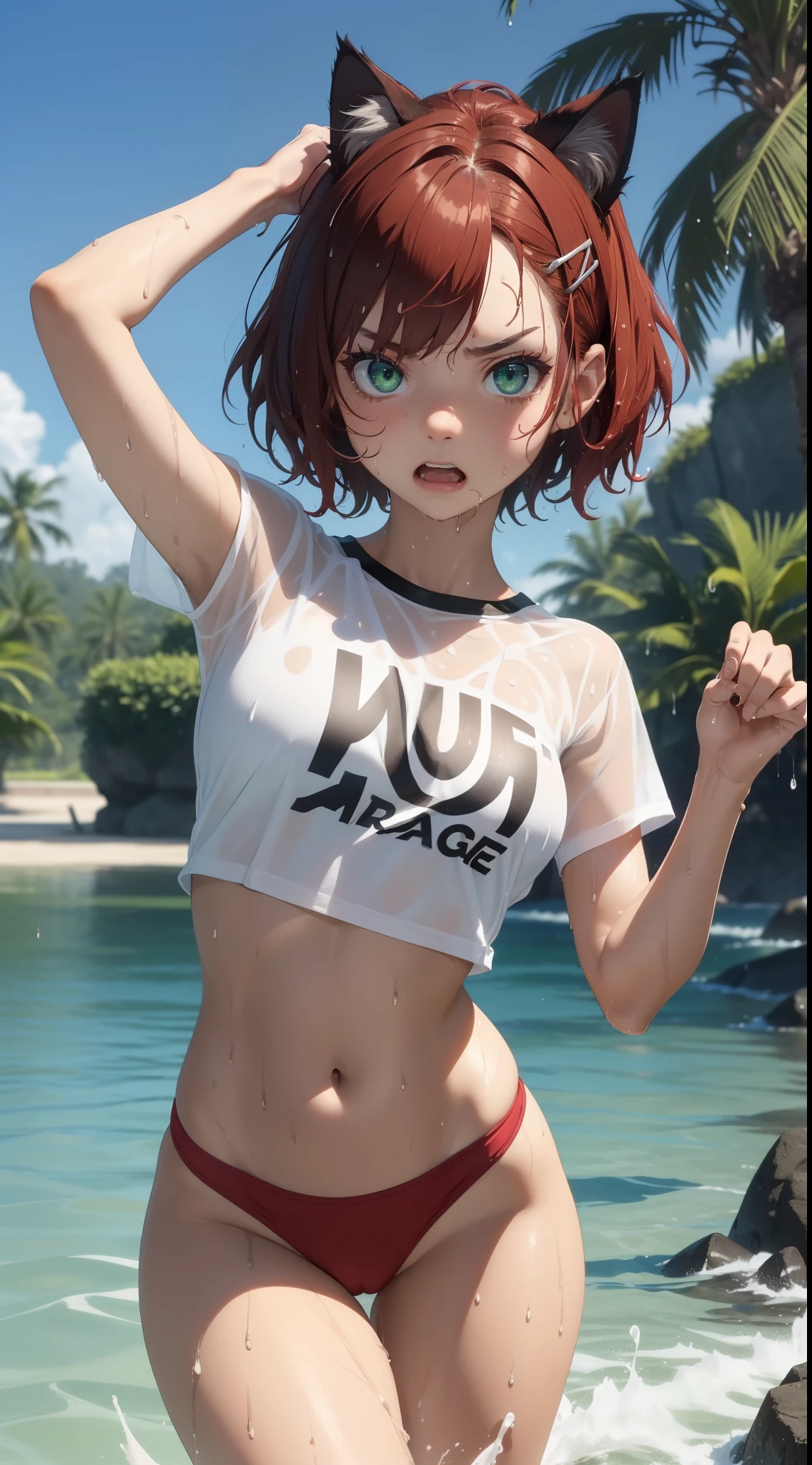 Masterpiece, (strong girl:1.5), (short red hair with with a flower hairpins), (hisses face expression, angry, scared:1.5), athletic, (tanned skin:1.5) has cat ears, (has cat tail:1.45), (wet fur, wet skin, wet hair:1.5), (scared of water pose, jumping out of the water pose:1.5), (wearing thigh blue school swimsuit and white t-shirt), broad shoulders, big hips, solo, alone, no cats, has glowing green eyes