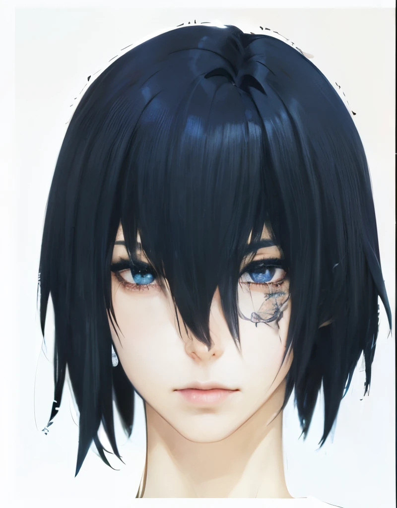 Anime-Junge mit schwarzen Haaren und blauen Augen, der in die Kamera starrt, Sui Ishida mit schwarzen Haaren, Fubuki, als Anime-Charakter, Big anime guy with blue eyes, Male anime character, Semi-realistischer Anime, gapmoe yandere, von Jin Homura, inspiriert von Jin Homura, Okata Kazuto., Anime-Charakter, Perfektes Anime-Gesicht, mello from death note, burn scars