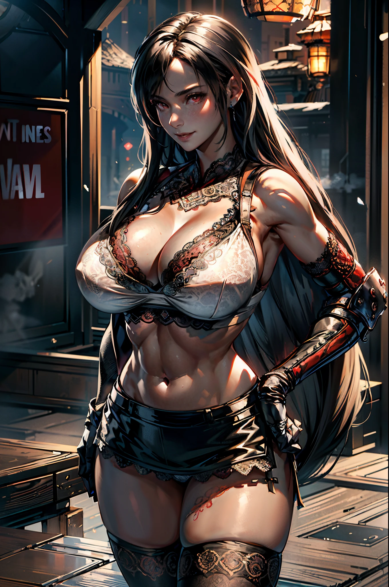 (8k, best quality, masterpiece:1.2), (realistic, photo-realistic:1.37), (full body), standing, legs apart, (wide stance) standing contrapposto, ultra-detailed, 1 girl,cute, solo, (tifa lockhart), (huge breasts:1.5), (beautiful detailed eyes), (smile:1.2), (closed mouth), sharp focus, depth of field, good composition, Final Fantasy VII, black hair, very long straight hair, hair bang, ((red_eyes)), intricate, bokeh, (Tetsuya Nomura style), (white lace bra:1.5), black miniskirt, long gloves, lace stockings, garters, toned body, athletic, thick thighs, wide hips, thin waist, toned arms, exposed abdomen, view from front, white background