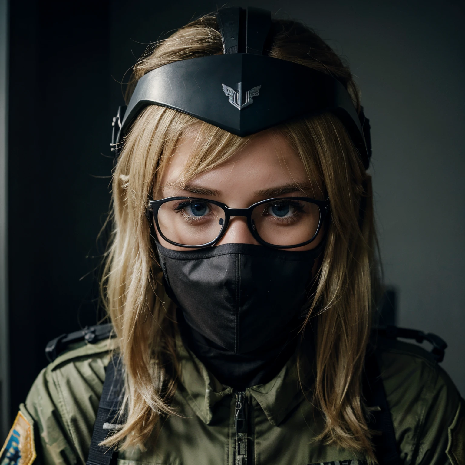Medium length blonde hair girl, in a call of duty uniform, somewhat of a military uniform, with blue eyes, glasses, a black mask and a black helmet.
