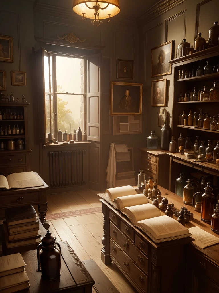 oil painting still life, in the historical interior environment, darkened room, cinematic lighting, contrast lighting, apothecary cabinet, alchemy bottles, scrolls, books, papers, dry herbs, crystals