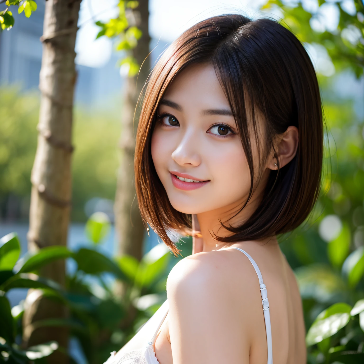 8K, Ultra-high resolution, Highest quality, masterpiece, 三分割法によるphotograph,Surreal, photograph, 1 Girl, (16 years old:1.3), pretty girl, Cute face, Beautiful eyes in every detail, 細かくdetailedに,masterpiece,, One Girl:1.2, Japan Female Announcer,upper body,Outdoor,street tree,White blouse,The chest buttons are open,Refreshing sweat,Full of sex appeal,Sensual,A carefree smile,Heal the heart,Black Hair,Short Bob,Looking at the audience、beauty,Long neck、Laugh a little、Please close your mouth and laugh、(((Ideal body type))),A cup small breasts :2,、Portraiture:2、Perfect Anatomy、鮮明なdetailed、detailed、Surreal、Light and shadow,Strong light