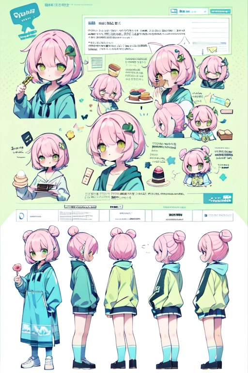 1girl in, ((Character information)、(Chara Leaf)、pastel dimmed colors, (Yellow color palette.:1.2, Blue:1.2, Pink:1.2), (Blue hair bun and blonde), Short fashionable skirt, Sitting on a throne of sweets and pastries, For example, doughnut, splash, candy, Lollipop, lollipop cane, a cake, cupcake, Cake Pop, Ruffles and lace, polka dot,(Lush pastel dresses), petite girl, robot horse,Type sheet, Character Sheets, Three types,Shot Full Body,Game Character Design,pink hair, green color, Green hoodie,