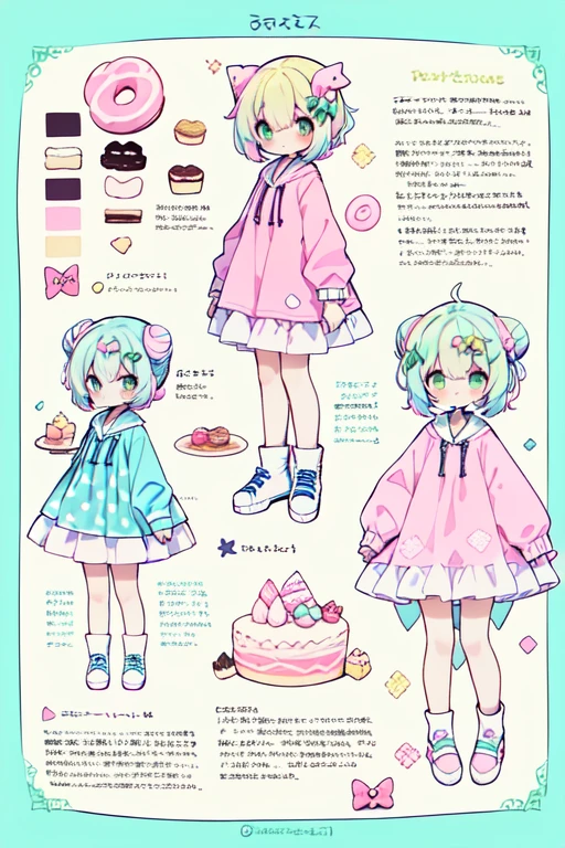 1girl in, ((Character information)、(Chara Leaf)、pastel dimmed colors, (Yellow color palette.:1.2, Blue:1.2, Pink:1.2), (Blue hair bun and blonde), Short fashionable skirt, Sitting on a throne of sweets and pastries, For example, doughnut, splash, candy, Lollipop, lollipop cane, a cake, cupcake, Cake Pop, Ruffles and lace, polka dot,(Lush pastel dresses), petite girl, robot horse,Type sheet, Character Sheets, Three types,Shot Full Body,Game Character Design,pink hair, green color, Green hoodie,