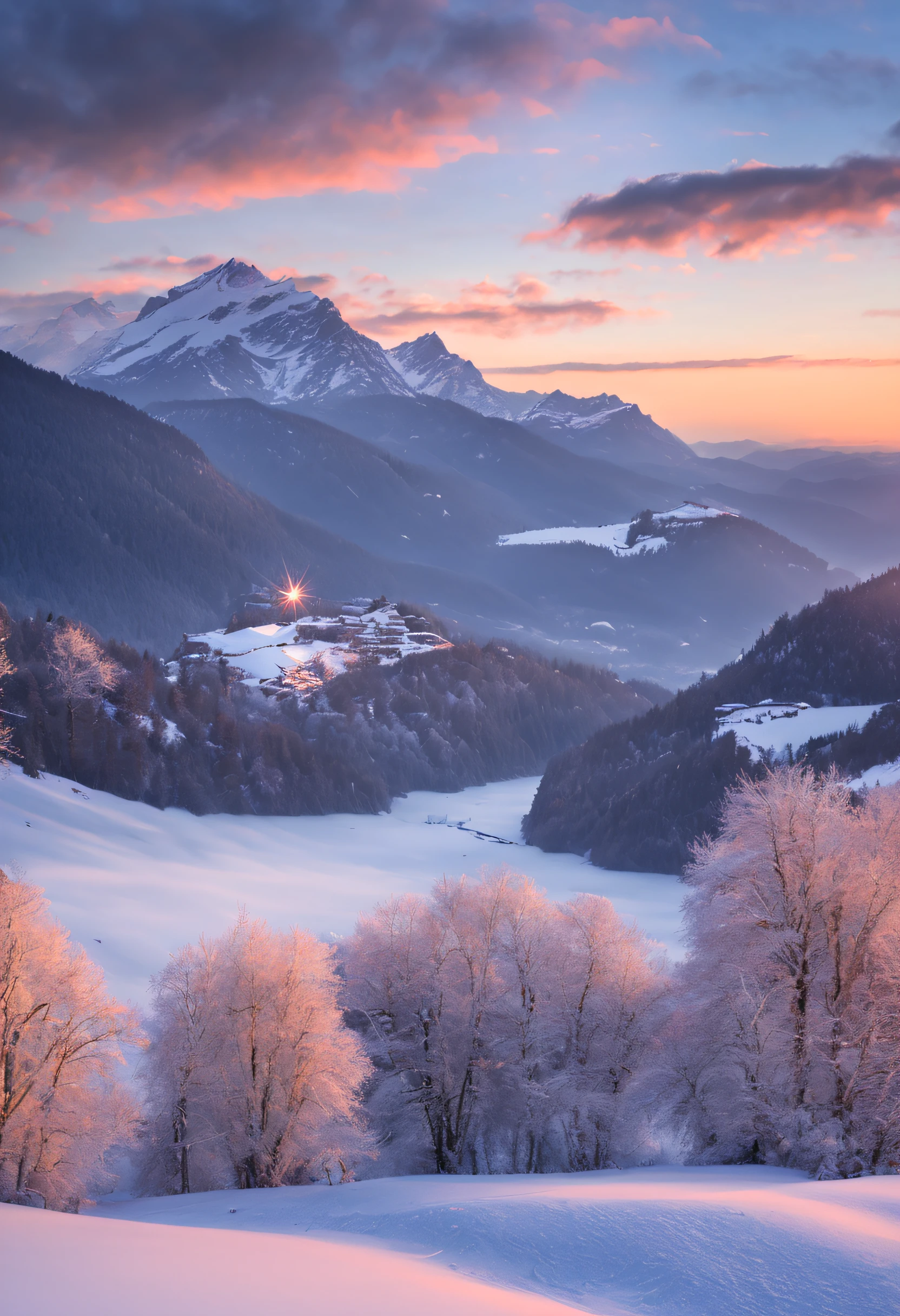 Winterlandschaft, Sonnenaufgang, dramatischer Himmel, Berge, See