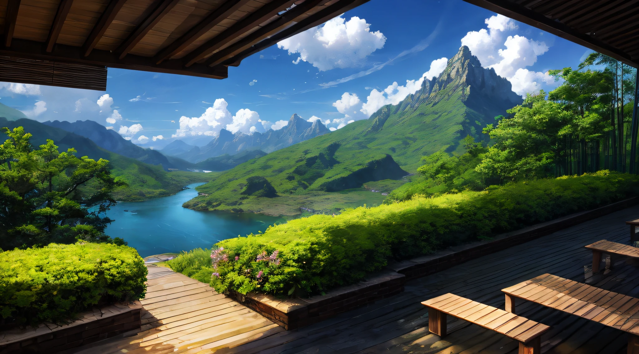 concept-art, without humans, scenecy, day, that tree, cloud, Outdoor sports, natural, blue-sky, mountain stream, bamboo forrest