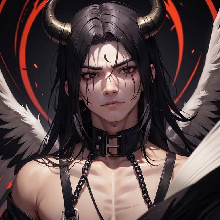 There is a young man next to the lava，There is a pair of big black wings on the back，no shirt，There are horns on the head，long black hair，Red eyes，whole body，masterpiece，ultra high definition，8K，High resolution