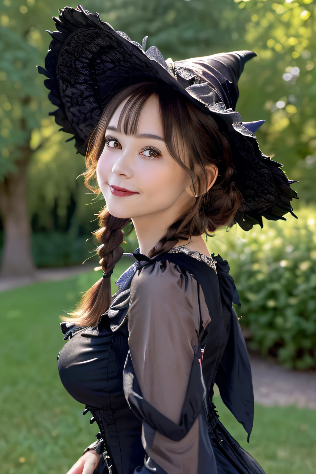 (Fantasy Art:1.3),(Grimm fairy tale world),(Portrait of a witch with a magic wand:1.3),(ringo),(Cinderella's Castle in the background:1.3),(((victorian gothic dress:1.3))),(((worn by a black witch,large hat:1.3))),(Dresses that emphasize big breasts:1.3).Cute and beautiful girl,Cute round face,Cute smile,with blush cheeks,Red Lip,(silver white hair,Floral braided headband,half up、Floral Braided Space Van,Voluminous Fishtail Braids,Twisted chignon,),(Bangs are see-through bangs),hair pin,hair adornments,detailed clothes features,Detailed hair features,detailed facial features,(Dynamic angles),(Dynamic and sexy poses),Cinematic Light,(masutepiece,top-quality,Ultra-high resolution output image,depth of fields,intricate detailes,Make the subject look three-dimensional with the contrast of light and shadow,) ,(The 8k quality,Anatomically accurate facial structure,),(Sea Art 2 Mode:1.3),(Image Mode Ultra HD,)