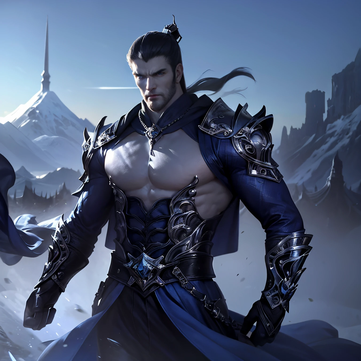 1male people、Slender muscular body、Super beautiful man、超A high resolution、An ultra-high picture quality、8K、Wonderful expression with attention to detail、Wearing silver Western armor、raise the sword in your hand々and raise、Majestic mountain々A landscape of a highland with towering mountains、There's a big dragon monster in the background