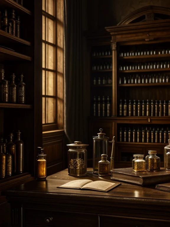 oil painting still life, in the historical interior environment, darkened room, cinematic lighting, contrast lighting, apothecary cabinet, alchemy bottles, scrolls, books, papers, dry herbs, crystals