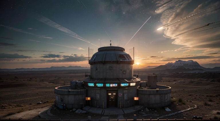 SKN_Realistic cinematic planet Mars in 4k, post-apocalytic world, Mountain plateau, clear starry sky, sunset, 120 radio radar dishes are located throughout the plateau, in the middle of the plateau, an observation village building, military guard barracks, at the foot of the mountain range hangars and a cosmodrome for transport and space fighters, the entire territory a space observation station and a cosmodrome, surrounded by a high fence made of metal mesh and barbed wire, on both sides of the plateau there is a tunnel for railway monorai