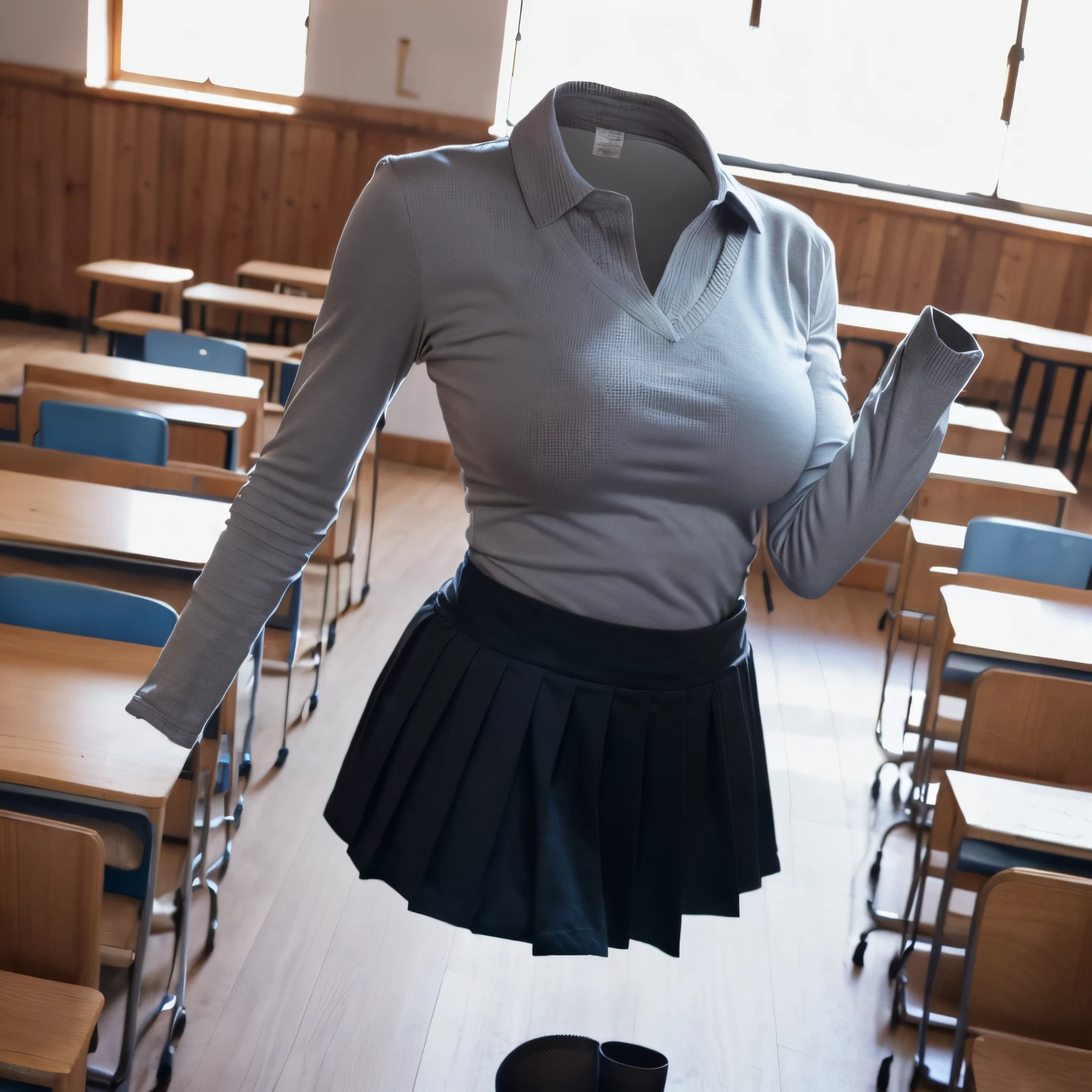 long sleeve, classroom, school uniform, blue stripe tie, dark grey skirt, school tie, (cute pose), (invisible, no humans, headless, faceless:1.5), (cute big breasts), (close-up shot of breasts), photon mapping, radiosity, physically-based rendering