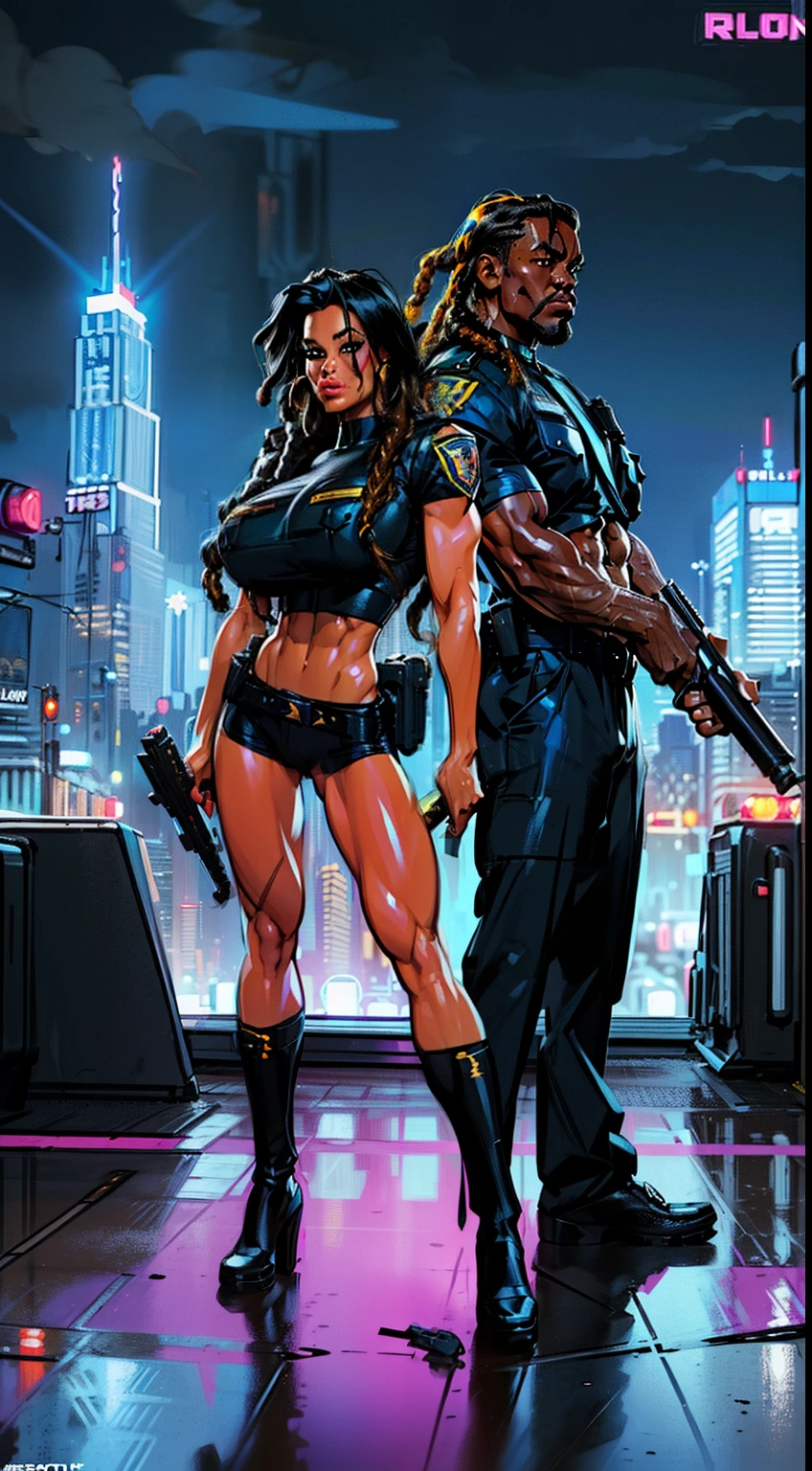 cover art for the buddy cop film, 80s movie posters, dynamic duo of a female and male police officer, standing back-to-back against a neon-lit cityscape backdrop, vibrant colors, african woman, dreads, (dreads:1.4), colored skin (black skin:1.2), wearing a revealing police uniform, midriff exposed, wielding a baton, pump boots, uniform too small for breasts, detailed eyes, ((slendered abs )),((huge breastull bodied), wide hipake lips:1.5), muscular (whiteskin:1.1), male police officer, crotch bulge, rugged, hairy chest, and an air of adventure evoke the nostalgic charm of the era, promising an action-packed and entertaining cinematic experience