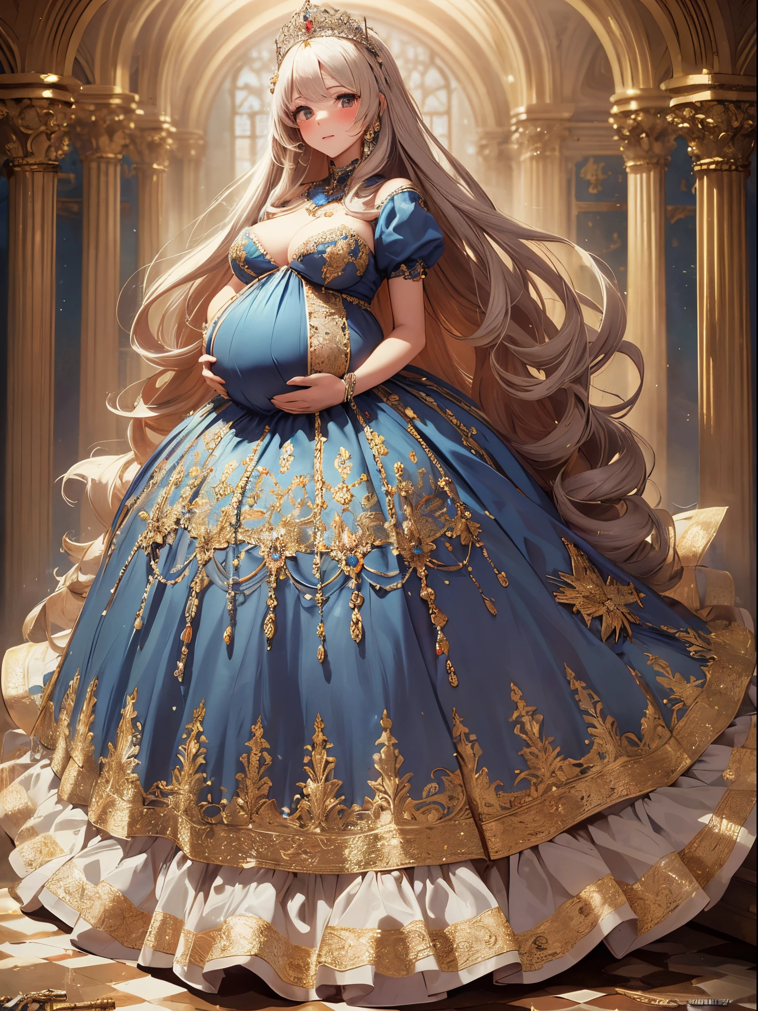 ultra-detailed, extremely detailed,((anime artstyle)),Masterpiece,(Best Quality),(Super Detail),(Very Delicate and Beautiful),((Solo)),((full body)),full body,((detailed face and eyes)),perfect eyes, rendered eyes,jewel-like beautiful eyes,((embarrassed,blush)),((1 pregnant princess in beautiful embroidery and jeweled gorgeous rococo ballgown with voluminous full length hoop skirt)),(((heavily pregnant))),((Crinoline,luxurious ruffles)),beautiful embroidery and jeweled gorgeous rococo ballgown with voluminous full length hoop skirt,(large amount of straight hair,extremely voluminous Very Long straight Hair,Absolutely Long Straight Hair),(((very gigantic boobs))),skindentation,Bursting breasts,cleavage,(fantasy castle,luxury palace),long_gloves,extremely gorgeousfull jeweled hair ornament,(bling-bling extremely gorgeousfull jeweled tiara),(luxurious jewelry),full body,beautiful embroidery and jeweled gorgeous rococo princess ballgown with voluminous full length hoop skirt