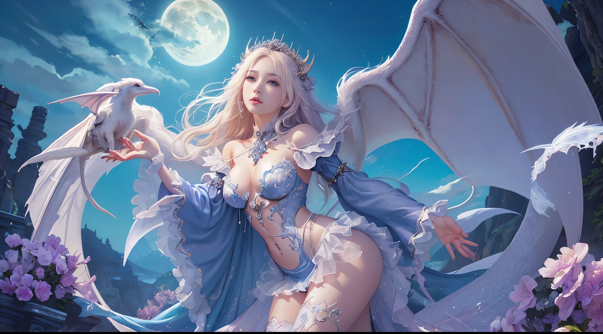 ((need)), ((tmasterpiece)), (Detailed pubic hair), of succubus, White Dragon, EtherealBeauty, Perch on the cloudantasy illustrations:1.3), mesmerizing looks, captivating posture, Exquisite dragon wings, otherworldly charm, mystical sky, (Royo:1.2), (Yoshitaka Amano:1.1), Moon Night, pastelcolor, (Detailed cloud view:1.3), (A high resolution:1.2)，drak:1.4,fence plan，fence plan，黑The eye，美丽细致的眼睛，Angelic,(Beautiful slender hands),