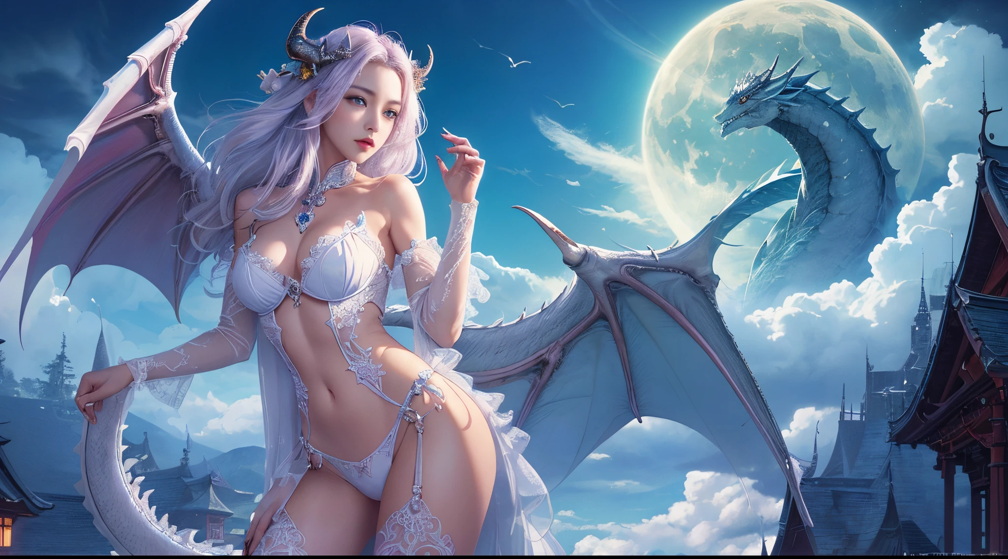 ((need)), ((tmasterpiece)), (Detailed pubic hair), of succubus, White Dragon, EtherealBeauty, Perch on the cloudantasy illustrations:1.3), mesmerizing looks, captivating posture, Exquisite dragon wings, otherworldly charm, mystical sky, (Royo:1.2), (Yoshitaka Amano:1.1), Moon Night, pastelcolor, (Detailed cloud view:1.3), (A high resolution:1.2),drak:1.4,fence plan,fence plan,黑The eye,美丽细致的眼睛,Angelic,(Beautiful slender hands),