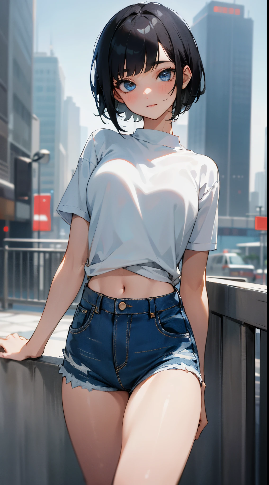 1girl,short black hair,blue eyes, wearing plain white shirt,denim shorts,city,
absurdres,high res,ultrasharp,8k,masterpiece,looking at viewer.