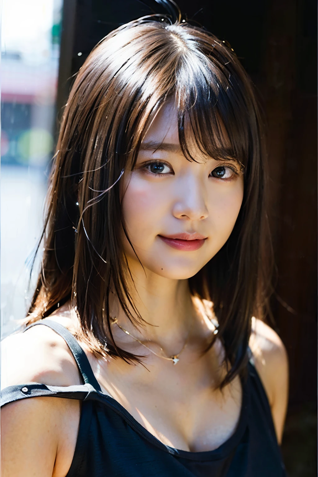 (8K、Raw photography、top-quality、​masterpiece:1.2)、(realisitic、Photorealsitic:1.37)、ultra-detailliert、超A high resolution、女の子1人、see the beholder、beautifull detailed face、A smile、Constriction、(Slim waist) :1.3)、Beautiful detailed skin、Skin Texture、Floating hair、12year old、Professional Lighting、In the rainy city、Hair or clothes are a little wet、Square glasses with black edging、Whole human body、barechested、Brown hair