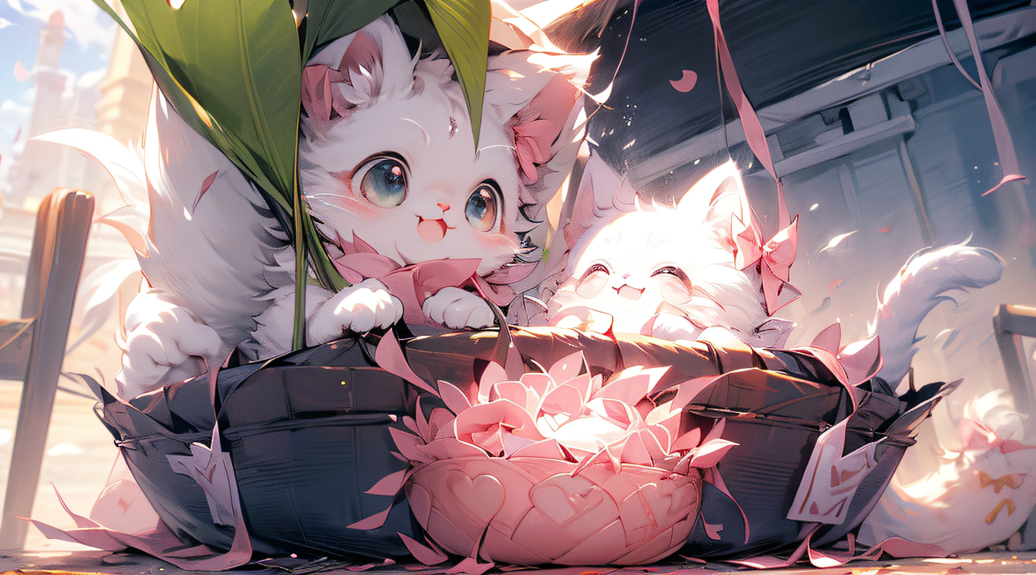 (On a table:1.2, high high quality),catss, Huang Li, A high resolution, ultra - detailed, catss, white cat、kawaii、pinkskirt、Attachment plan、pink there、frilld、bow ribbon、There  a background