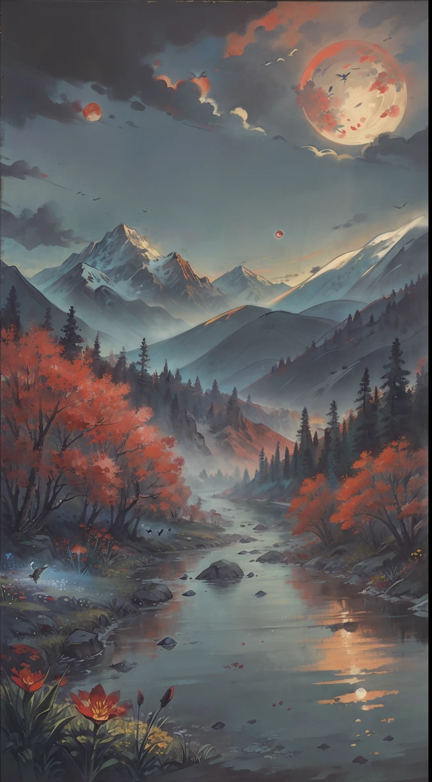 A painting of flowers and birds, the painting a lot of flowers blooming on the ground, mountains and rivers,background black, woods, hills, a red full moon in the sky, (do not appear figures)