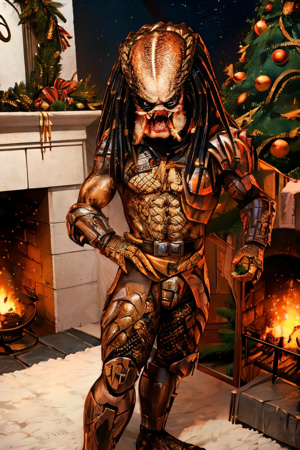 A Predator (extraterrestrial creature from the movie Predator) dressed as Santa Claus, handing out presents to a group of human orphans. The Predator should have its iconic dreadlocks and mandibles visible. The costume should be a detailed representation of Santa Claus, with a red and white suit, black boots, and a hat with a white bobble. The Predator's face should convey a mix of intimidation and kindness, with its detailed eyes shining underneath the mask. The alien's muscular physique should be visible, with intricate textures and shading to enhance its realism. The orphans should be portrayed as diverse and happy, wearing warm winter clothing. The scene should take place in a cozy living room with a Christmas tree, colorful decorations, and a fireplace. Soft and warm lighting should illuminate the room, leaving pleasant shadows on the walls. The overall color palette should be vibrant and festive, with rich reds, greens, and golds. The image should have the highest quality, with a resolution of at least 4k or 8k. It should be ultra-detailed and achieve a realistic look, capturing the fine textures of the Predator's skin and the warmth of the room. The art style should incorporate elements of both science fiction and holiday cheer, blending the Predator's menacing presence with the joyful spirit of Christmas.