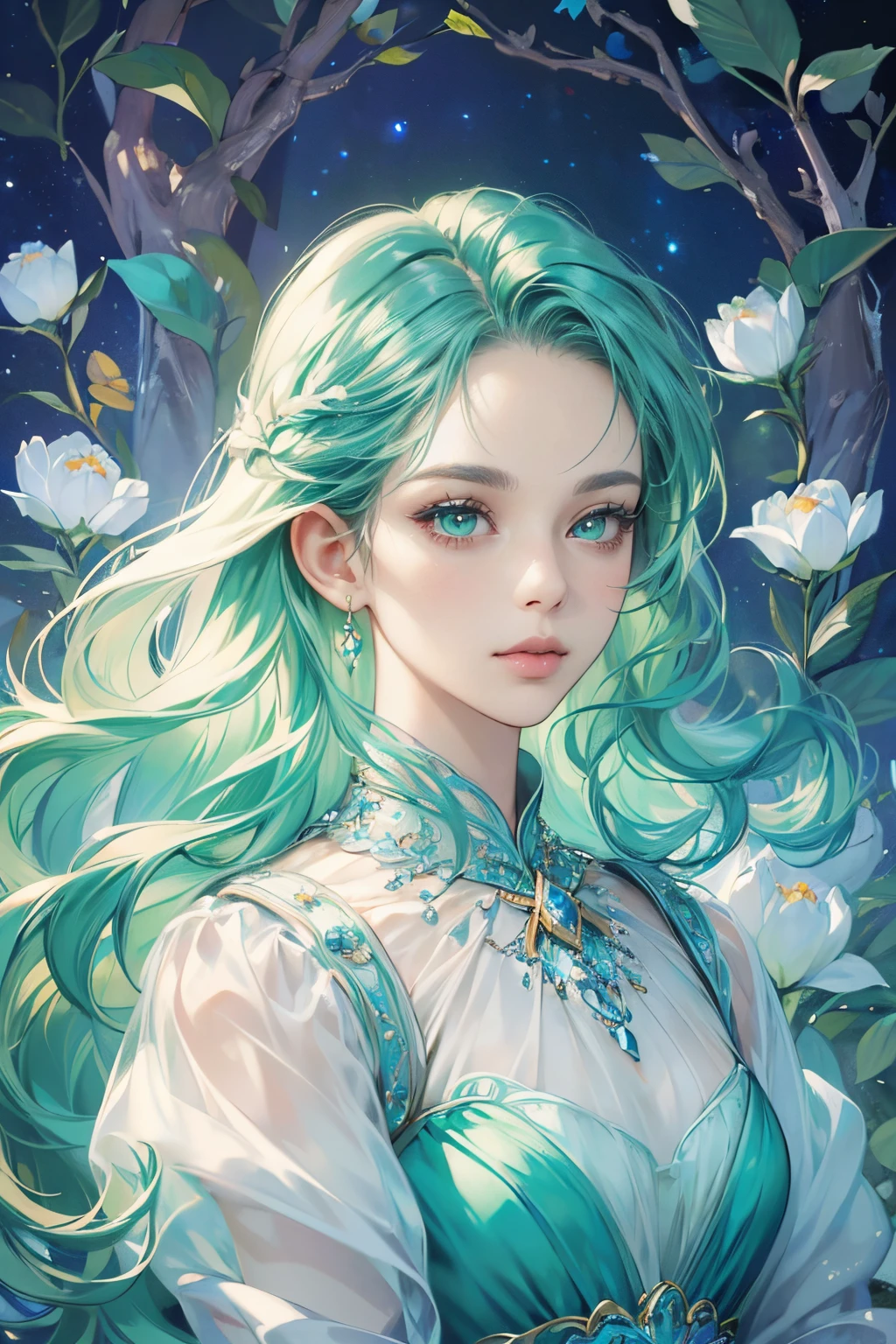 (best quality:1.4),(masterpiece:1.4),ultra-high resolution,8K,CG,(exquisite:1.2),upper body,1 girl,lonely,Thumbelina,little princess,blue taffeta court dress,forest background,detailed facial features,almond-shaped eyes,meticulous eye makeup,long eyelashes,green eyes and starry gaze,exquisite lip details,soft and harmonious style