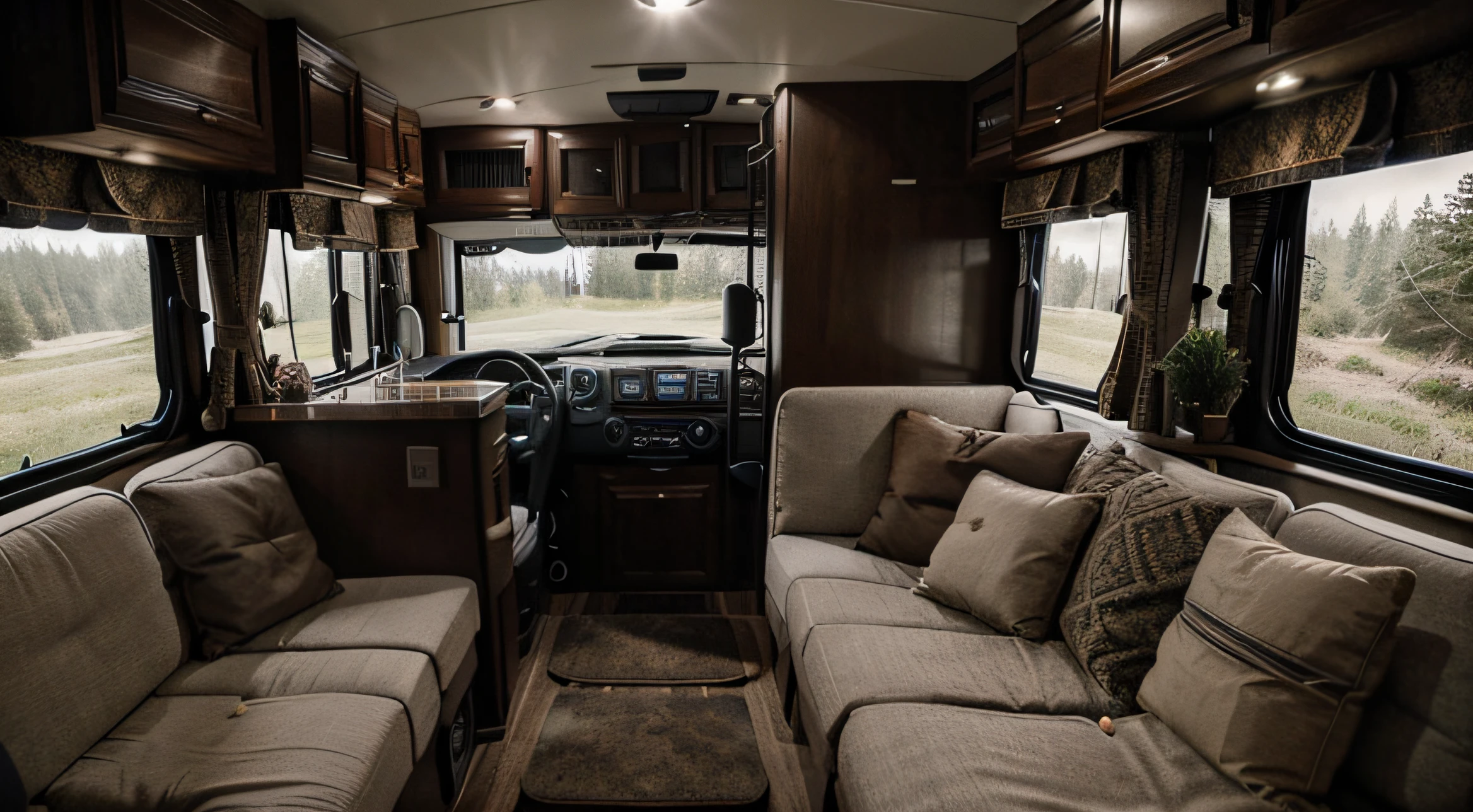inside a very cozy and comfortable motorhome at night, with pleasant, moody lighting. the van is a 1990 Transit connection with lots of carpeting and pillows, Art Station Trend, foco nítido, Studio shot, detalhes intrincados, altamente detalhado, fora de uma floresta nebulosa