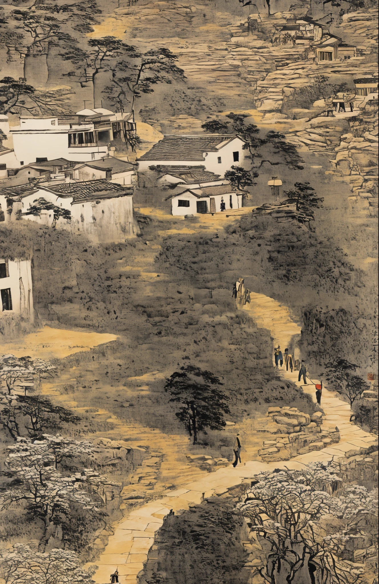 Chinese village on the hillside, people walking through the woods,, style influenced by ancient Chinese art, light yellow and light black, Chinese painting, ink painting, Bada Shanren, Xu Wei, Shi Tao, organic architecture, hiking, earthy naturalism