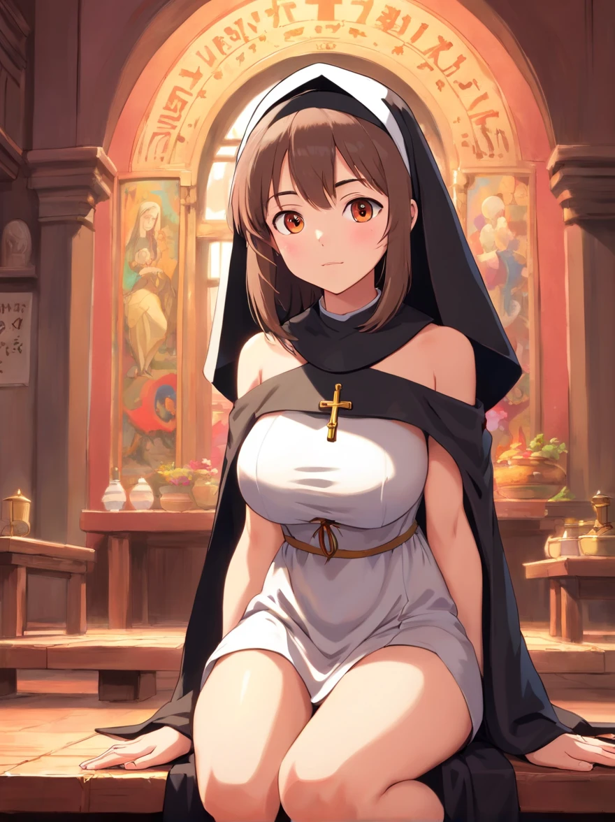 (1girl:1.5), masterpiece, best quality, best detail, best proportion, best anatomy, best face, blush, best shaped breasts, very large breasts, (topless:1.4), (nipples:1.3), ((wearing nun's costume):1.2), lowteen, ((half body shot):0.9), nsfw, in a confession room(background), shame, blush, cum in pussy, very wet, spread her legs wide,