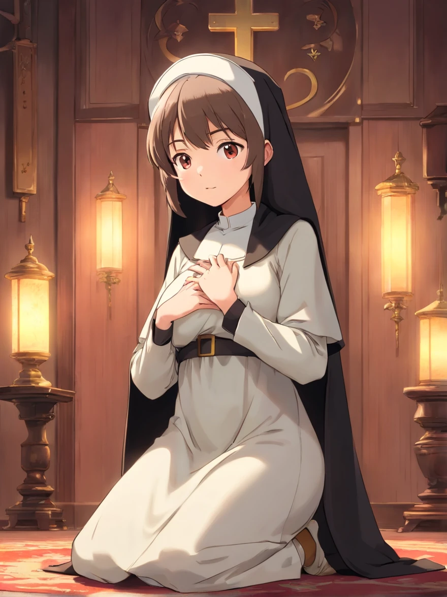 (1girl:1.5), masterpiece, best quality, best detail, best proportion, best anatomy, best face, blush, best shaped breasts, very large breasts, (topless:1.4), (nipples:1.3), ((wearing nun's costume):1.2), 14 year old lowteen, ((half body shot):0.9), nsfw, in a confession room(background), shame, blush, cum in pussy, very wet, spread her legs wide,