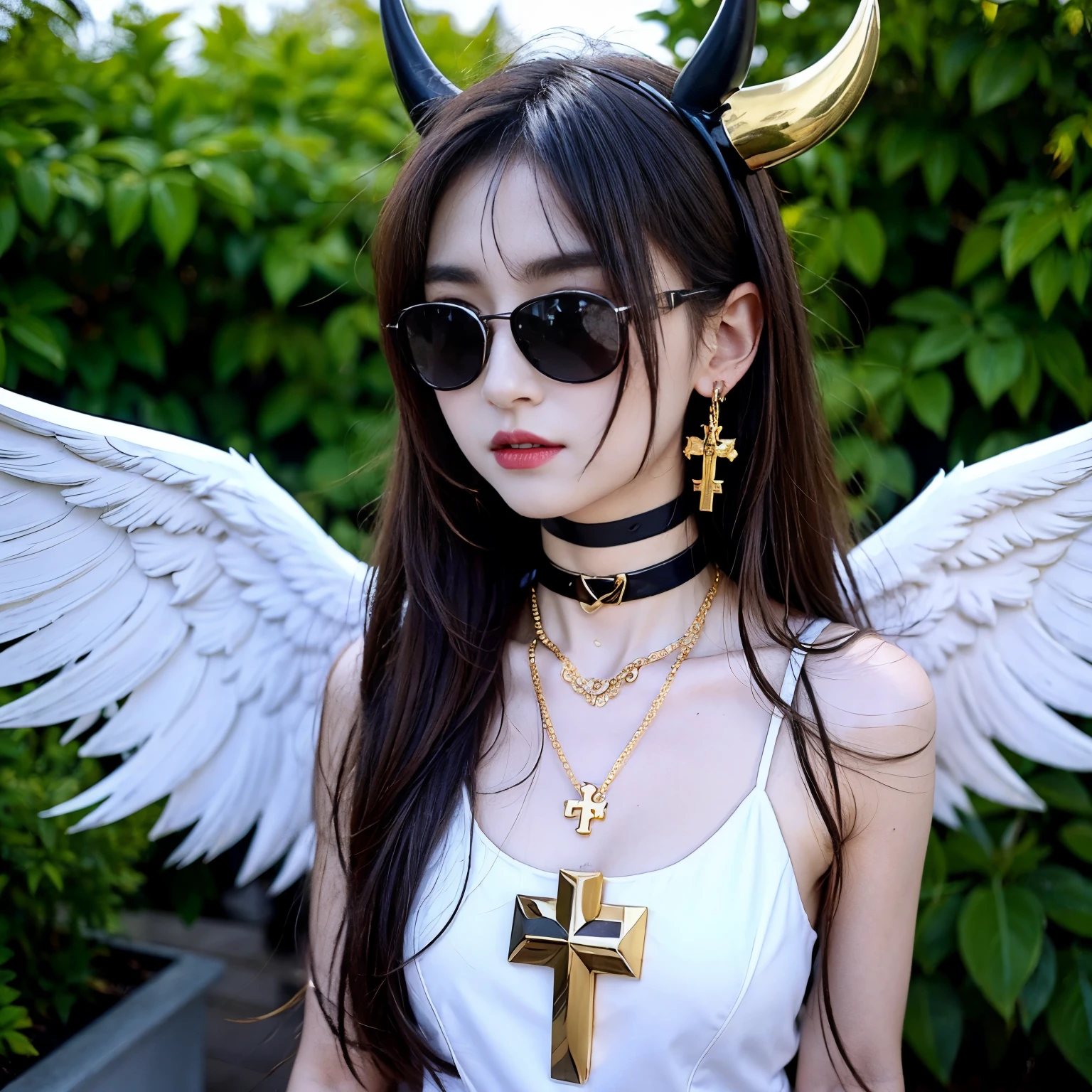 sunglasses, 1 girl with jesus, gold dress, wings, black wings, angel, halo, demon horns, standing on the garden, choker, midget, super villain, stand, look at the viewer, cross necklace, earrings, jewellery, jesus, jesus christ, cross tatto, sunglasses