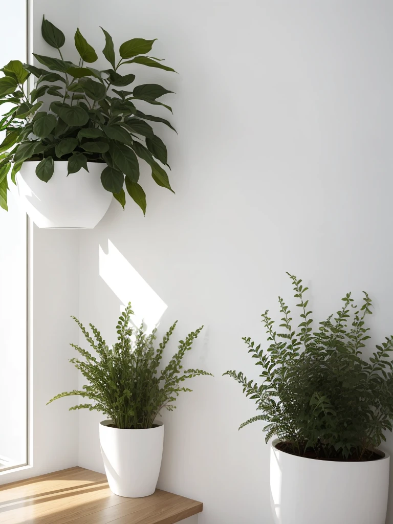 （clean walls)))，Close-up of the wall，）Large areas of white space，A pot of greenery.Soft lighting
