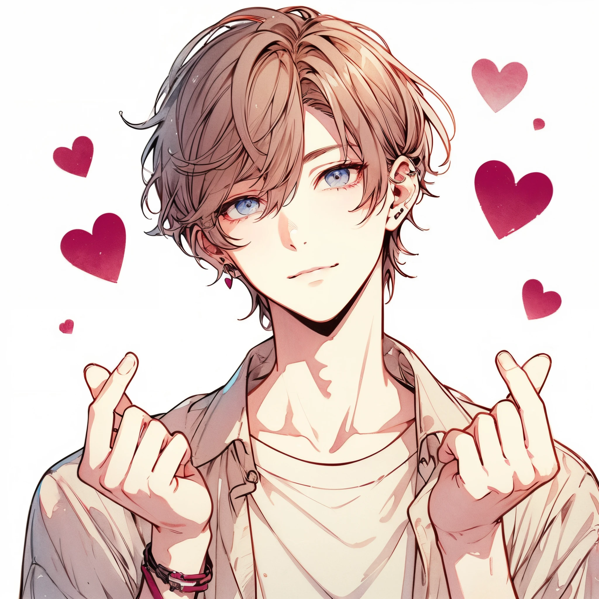 Clear line drawing, Transparent watercolor, Clear shading, Beautiful young man, finger heart, Fashionable everyday wear, convey love, inner strength, ❤️, I love it,High quality, amount of drawing, pixiv illustration,ssmile