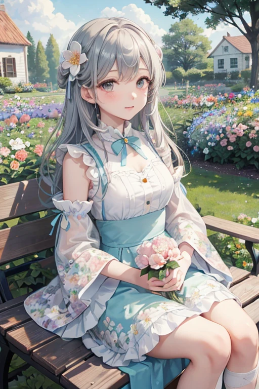 Best Quality,High quality, masutepiece,Detailed,
 high and resolute,Peonies,Tsubaki 1,girl with,Solo,clear pale pink cheeks,
Medium Long Straight Hairstyles,curled eyelashes and big eyes、Flower hair ornament,{{Turquoise dress}}, Gray Shadow Dress,Wide sleeves,Floral Print Sleeve,Gothic lolita,White skirt,layered skirts,White sleeves,
((in Flower garden, Colorful flower garden,Floral scenery:1.5)),( Blue sky, cumulonimbus clouds),(Wooden bench:1.2),(Many flowers are blooming:1.3),