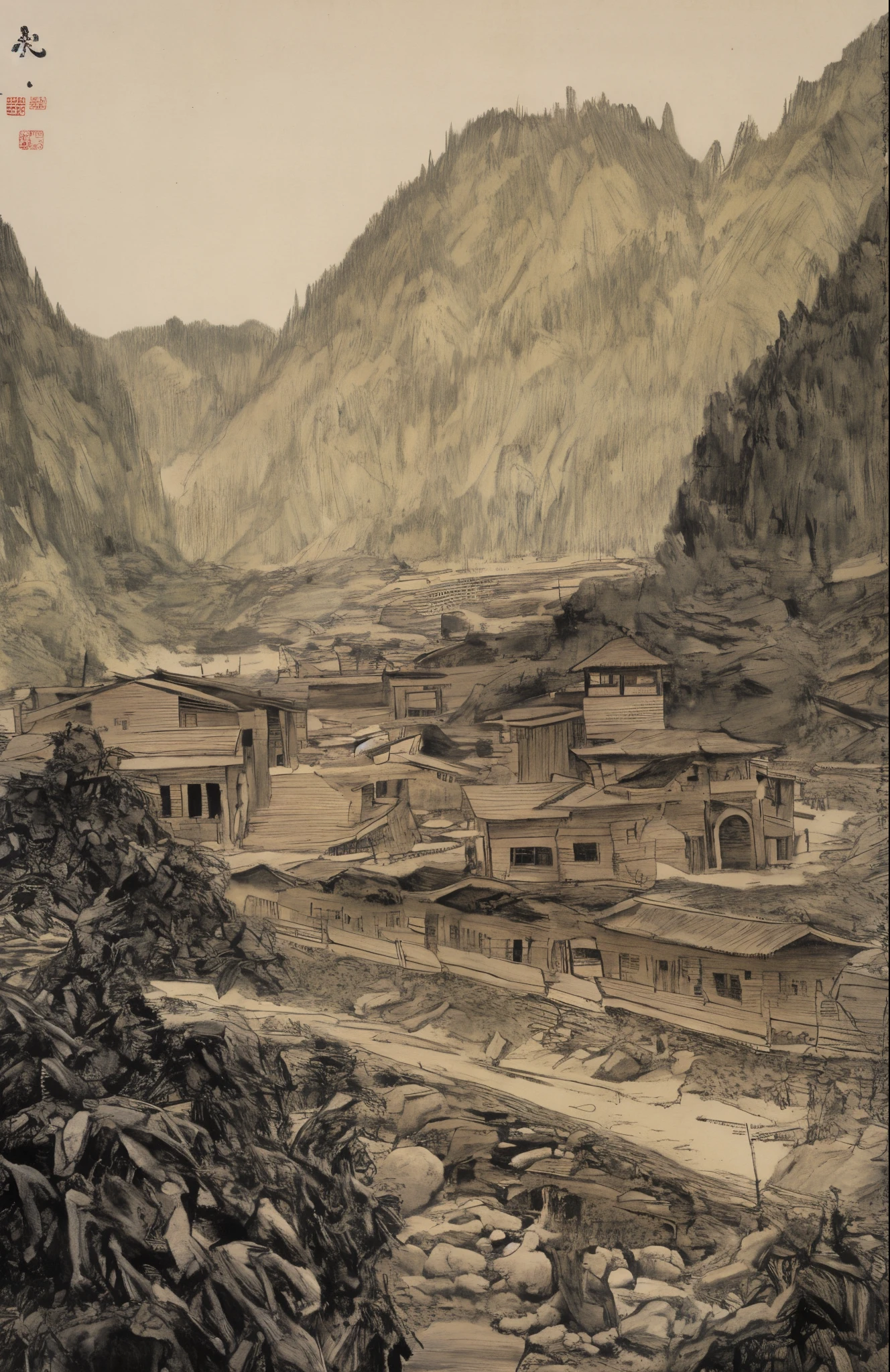 Small village overlooking the creek, The style  influenced by ancient Chinese art, light and light black, chinese paintings, ink and watercolor painting, Eight Mountain People, Xu Wei, , organic architecture, Hiking,  nature