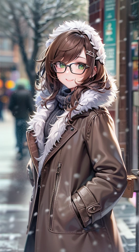 masterpiece:1.2, soro brown bob hair woman, green eyes:1.4, glasses, glossy mouth, face, smile, in a casual coat, in the sidewalk, season winter, snowing, beautiful detailed grow.