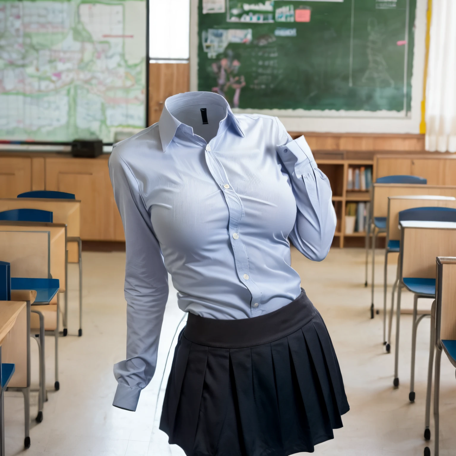long sleeve, classroom, school uniform, blue stripe tie, dark grey skirt, school tie, (cute pose), (invisible, no humans, headless, faceless:1.5), (cute big breasts), (close-up shot of breasts), photon mapping, radiosity, physically-based rendering