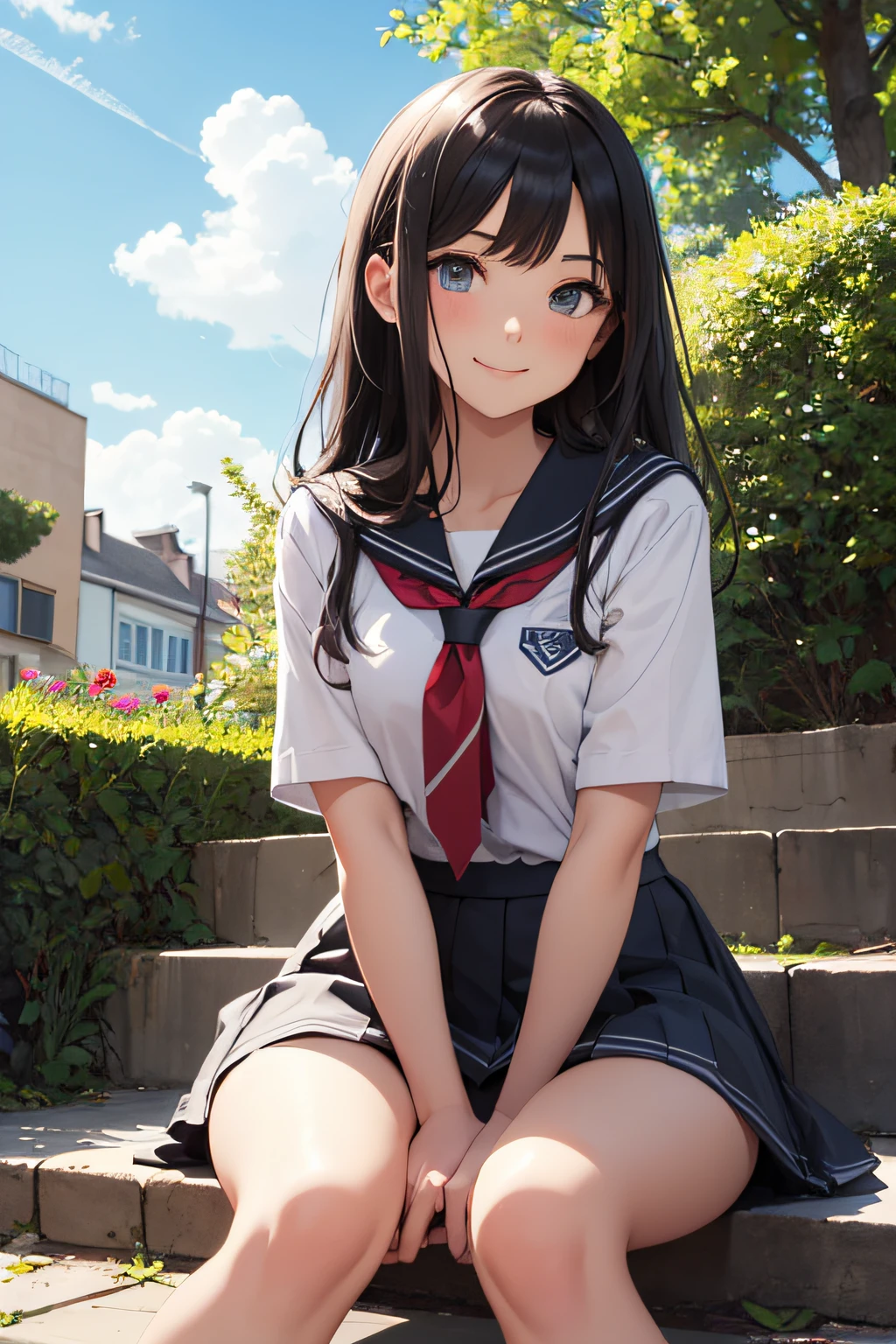 very cute and beautiful school girl,,(very detailed beautiful face and eyes:1.2),
Smile,Seifuku,(Mini skirt),sitting on a park bench,Spread legs,Dynamic Angle,Looking at Viewer,Black hair,
Flower Garden,stone stairs,shrubbery,(Best Quality,masutepiece:1.2),Intricate details,
Solo,8K resolution,Hair fluttering in the wind,Beautiful detailed sky,