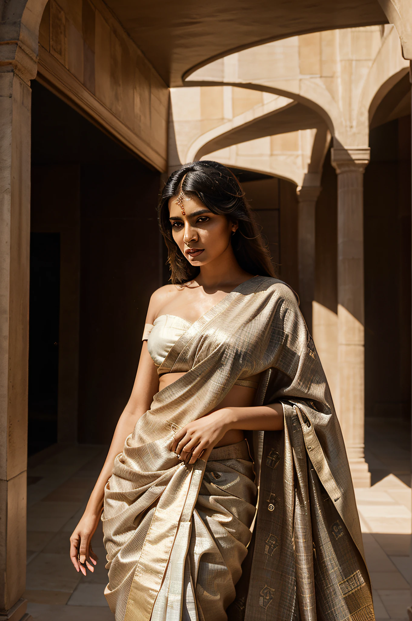 beautifull indian model, wearing louis vuitton saree, luxury materials, symmetrical, cinematic, elegant, professional studio light, real dlsr photography, sharp focus, 4 k, ultra hd, sense of awe, high fashion