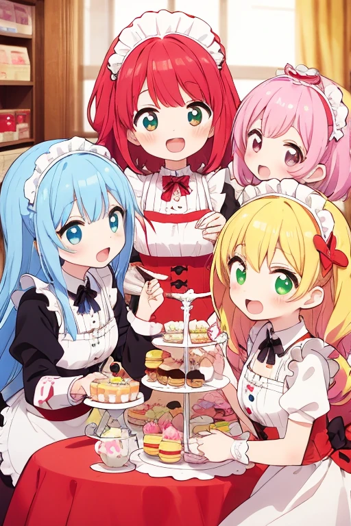 4+ girls, multiple colored hairs, sweet maids, random cute faces, super happy smiling, open mouth, group shot, zoom camera, sweet tea party, lots of cakes, macarons, chocolates, parfaits, cookies, land of sweets