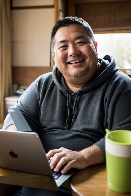 A smiling fat Japanese man in his 50s who is absorbed in his smartphone,inside in room,wearing hoodies,I have a smartphone,Uncle
