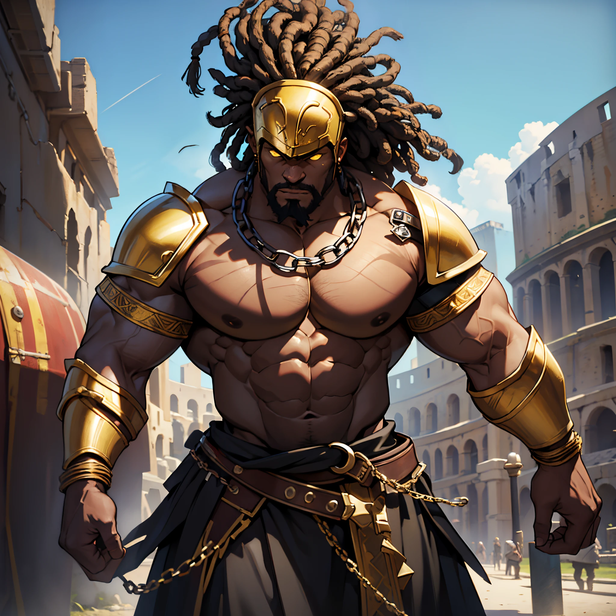 masterpiece, Best Quality, 4k, slave warrior in armor, Huge black man with yellow dreads, I was very angry., bound with huge chains, Background with:Colosseum without people