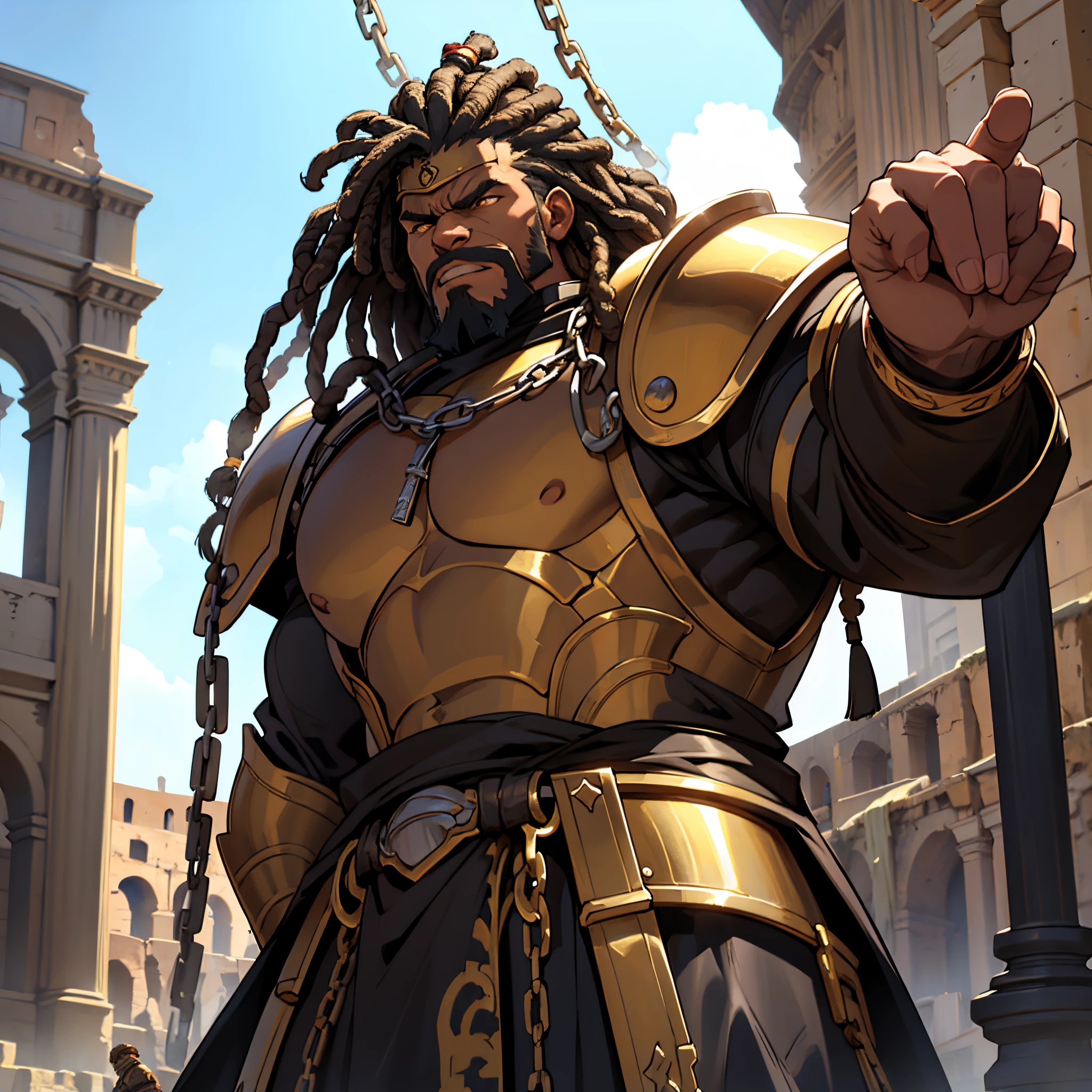 masterpiece, Best Quality, 4k, slave warrior in armor, Huge black man with yellow dreads, I was very angry., bound with huge chains, Background with:Colosseum without people